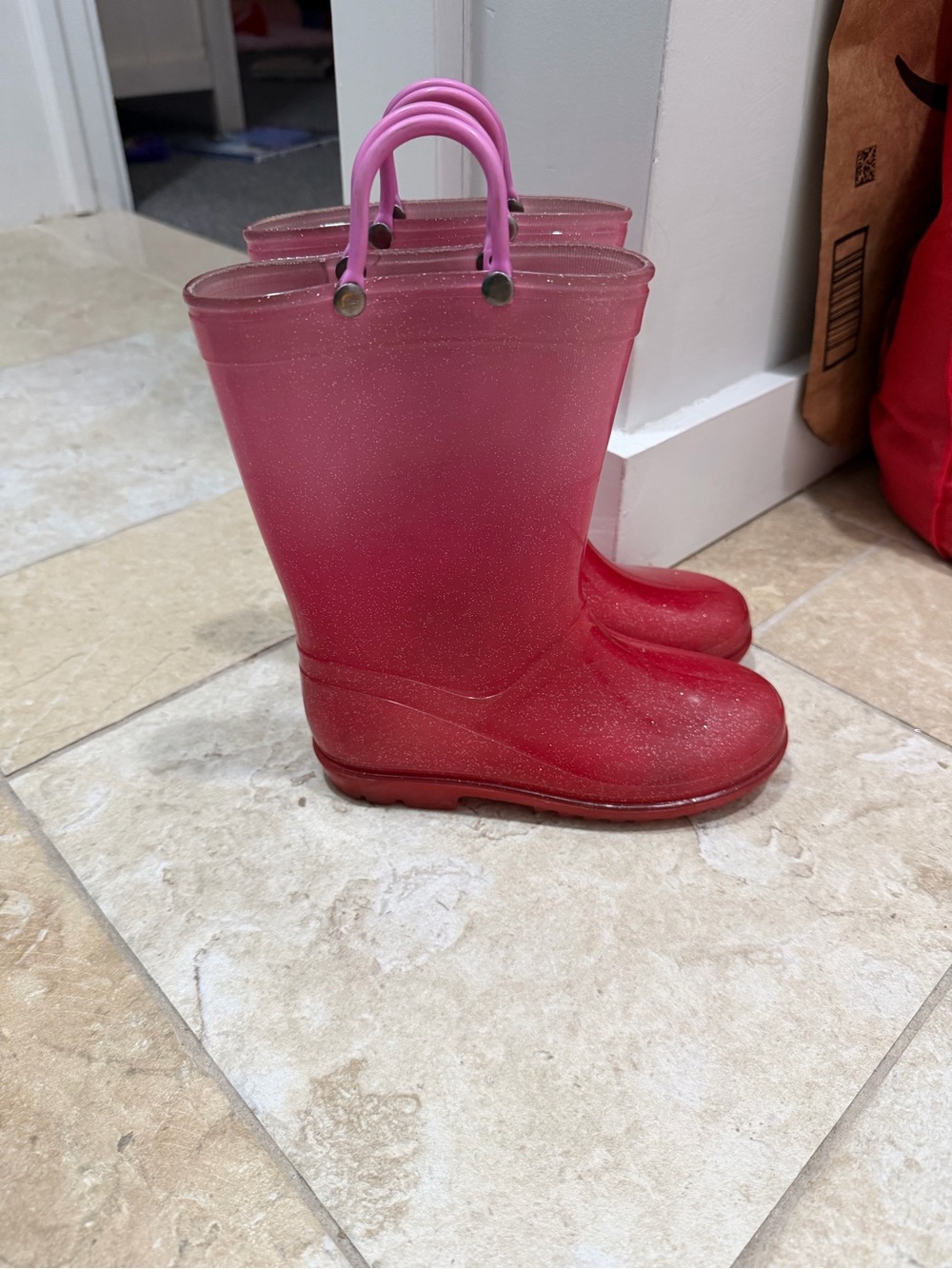 Bright Pink Glitter Rain Boots with Pull Handles size 12 - Picture 2 of 4
